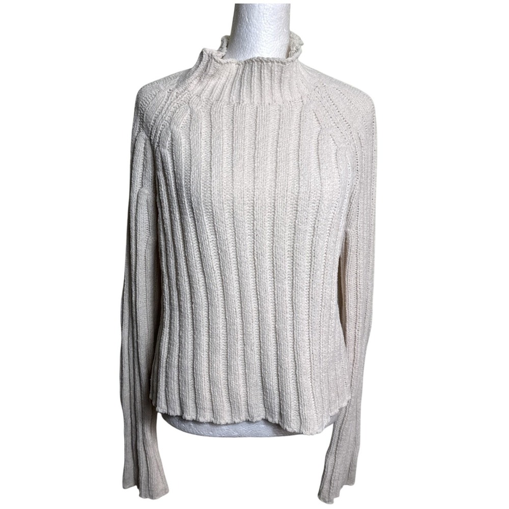 American Eagle Cream Ribbed Mock Neck Sweater Medium Cream Knit Pullover‎